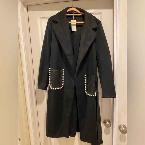 New Belted Wrap Coat With Pearls and Leather Look Pockets - Picture 4 of 8